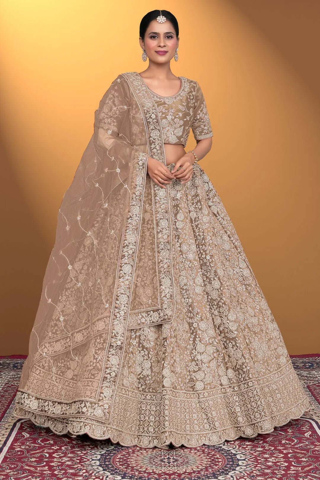 Chiku Velvet Lehenga Choli With Net Dupatta For Women - Gajiwala