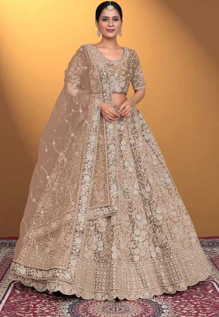 Chiku Velvet Lehenga Choli With Net Dupatta For Women - Gajiwala