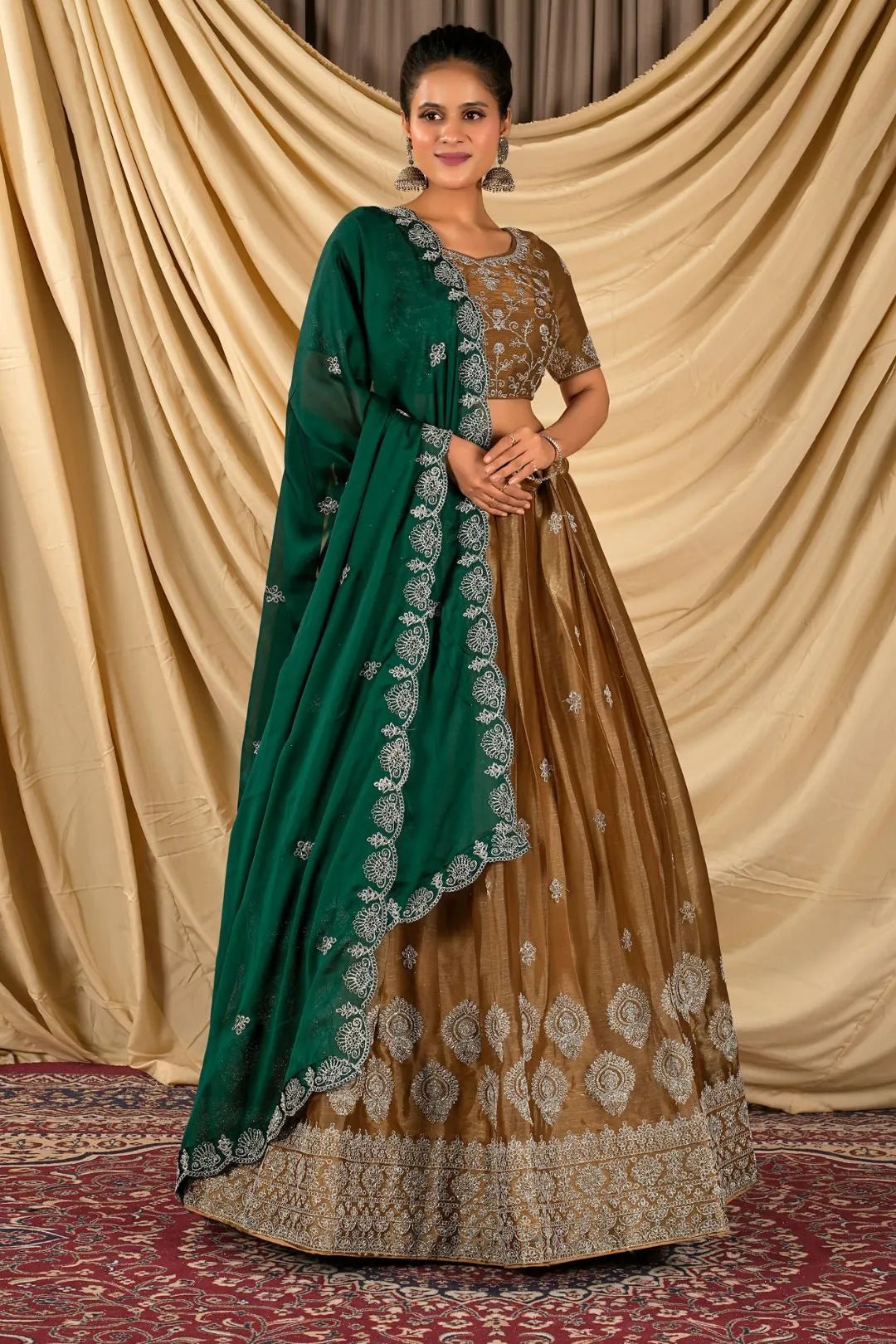 Coffee Barbery Silk Lehenga Choli With Rangoli Dupatta - Gajiwala