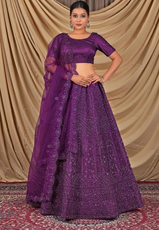 Dark Purple Sequins Embroidered Net Lehenga Choli - Gajiwala