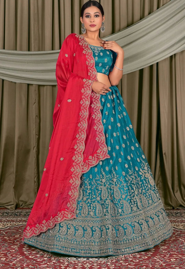 Firozi Embroidered Bridesmaid Lehenga Choli In Net - Gajiwala