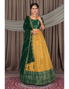 Gold Banarasi Silk Lehenga Choli In Festival - Gajiwala