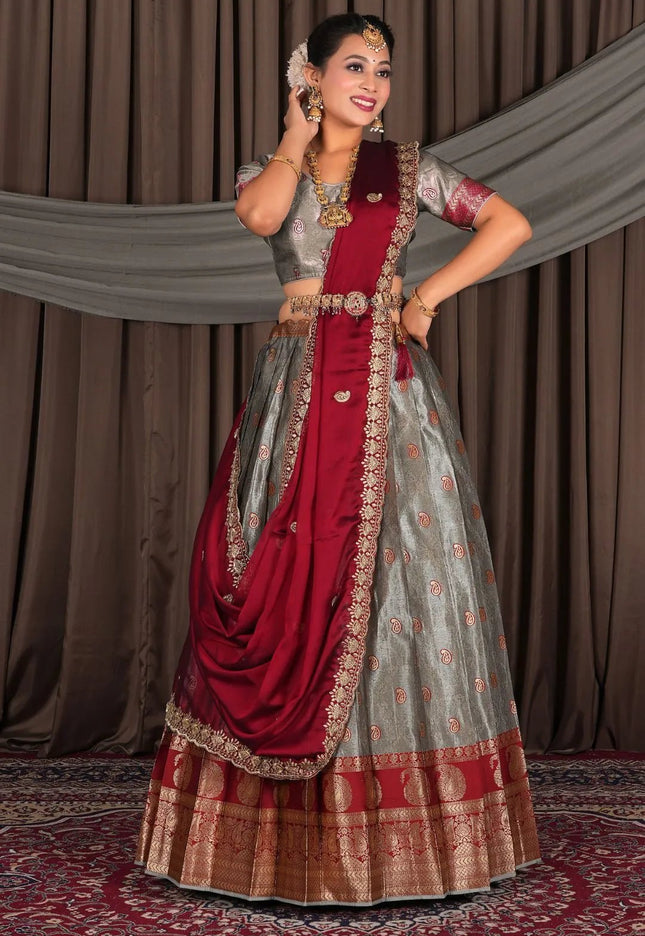 Gray Banarasi Silk Lehenga Choli with Dupatta - Gajiwala