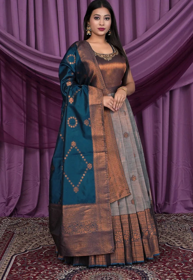 Gray Designer Banarasi Gown With Dupatta - Gajiwala
