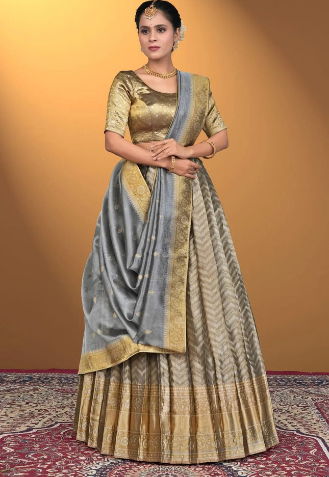 Gray Pure Two Zari Tissue Half Saree For Women - Gajiwala