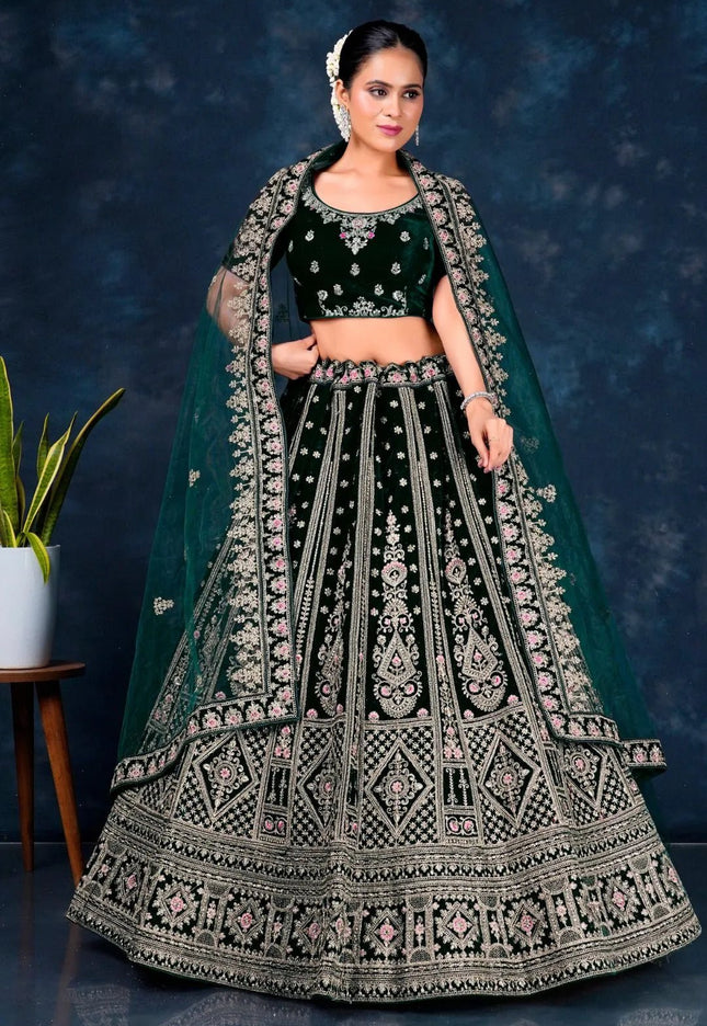 Green Designer Wedding Lehenga in Velvet - Gajiwala