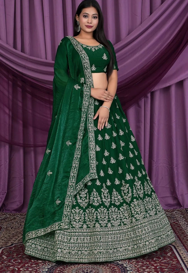 Green Fendy Silk Pattu Lehenga With Embroidery Work - Gajiwala