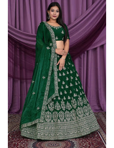 Green Fendy Silk Pattu Lehenga With Embroidery Work - Gajiwala