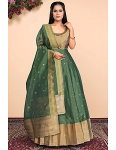 Green Latest Tissue Silk Gown with Zari Work - Gajiwala