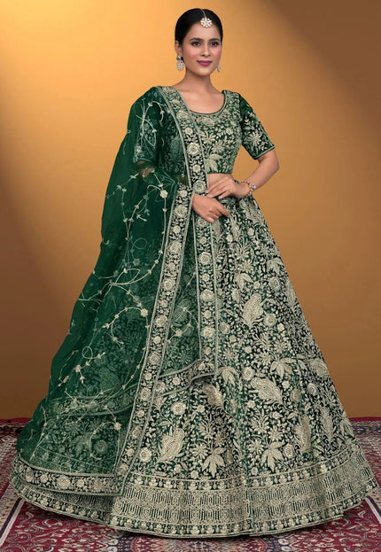 Green Velvet Lehenga Choli With Net Dupatta For Women - Gajiwala