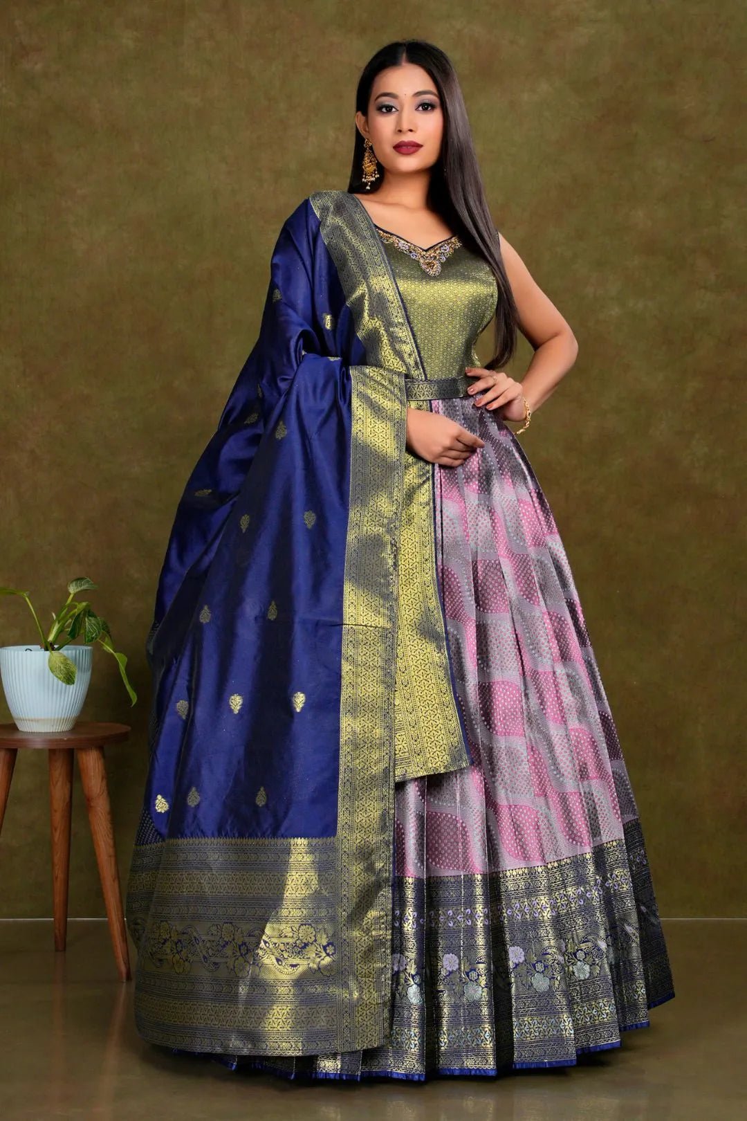 Lavender Long Banarasi Silk Gown With Dupatta - Gajiwala