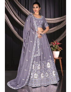 Lavender Vichitra Silk Crop Top Lehenga For Women - Gajiwala