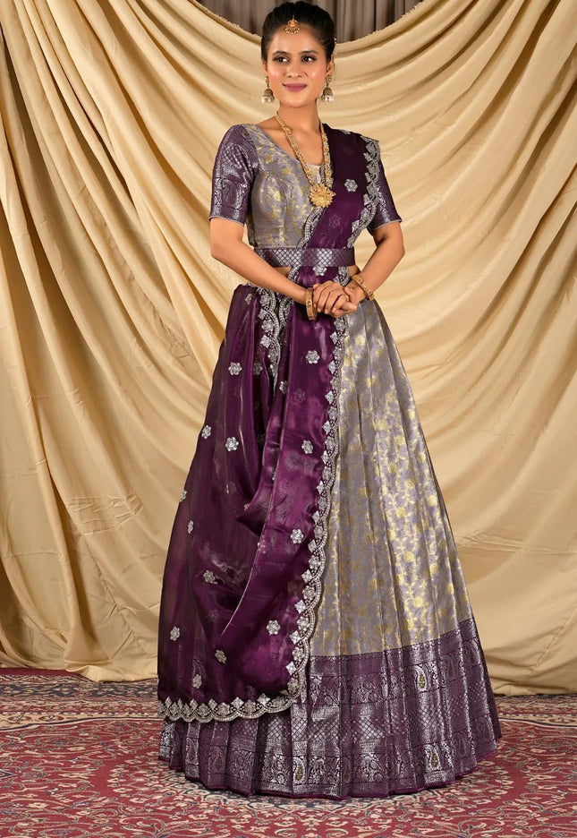 Lavender Zari Tissue Half Saree with Zari Woven For Women - Gajiwala