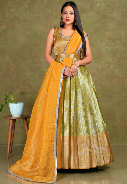 Lemon Banarasi Long Frock With Dupatta For Women - Gajiwala
