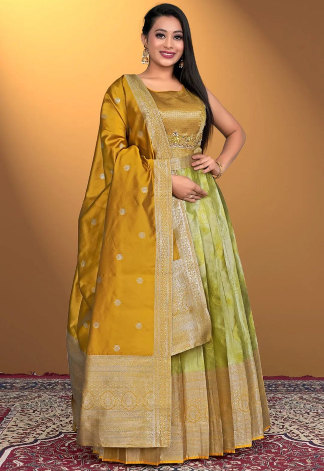 Lemon Designer Banarasi Gown With Dupatta - Gajiwala
