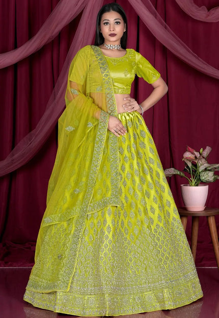 Lemon Embroidery Work Net Lehenga Choli - Gajiwala