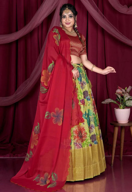 Lemon Viscose Half Saree With Digital Print - Gajiwala