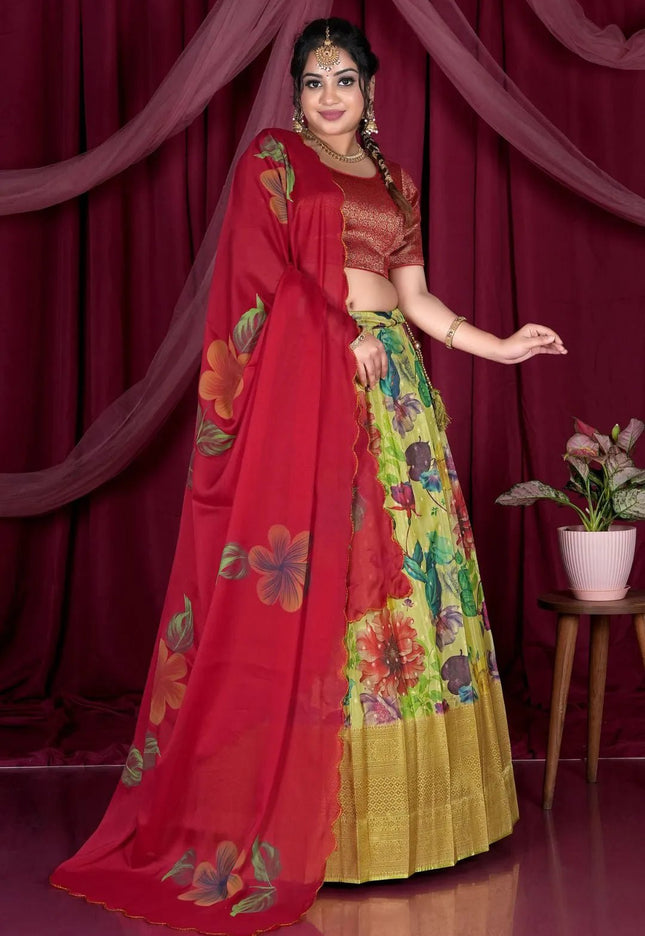 Lemon Viscose Half Saree With Digital Print - Gajiwala