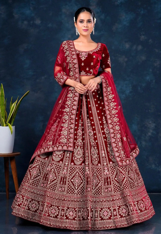 Maroon Velvet Designer Bridal Lehenga Choli Latest Design