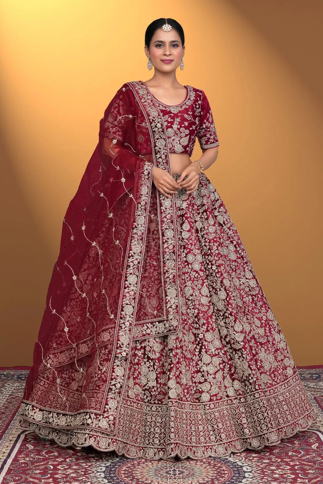 Maroon Velvet Lehenga Choli With Net Dupatta For Women - Gajiwala