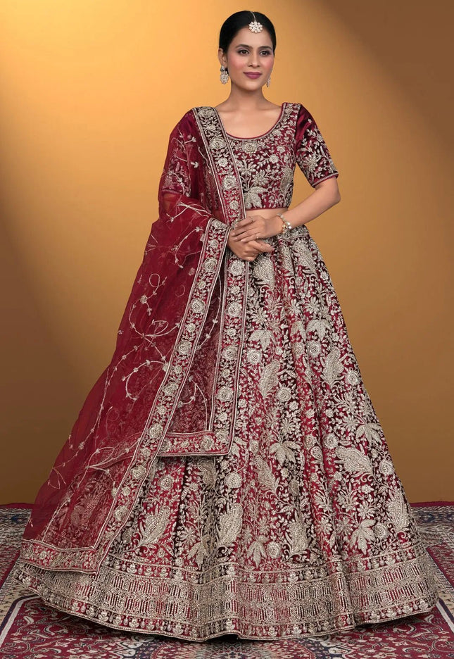Maroon Velvet Lehenga Choli With Net Dupatta For Women - Gajiwala