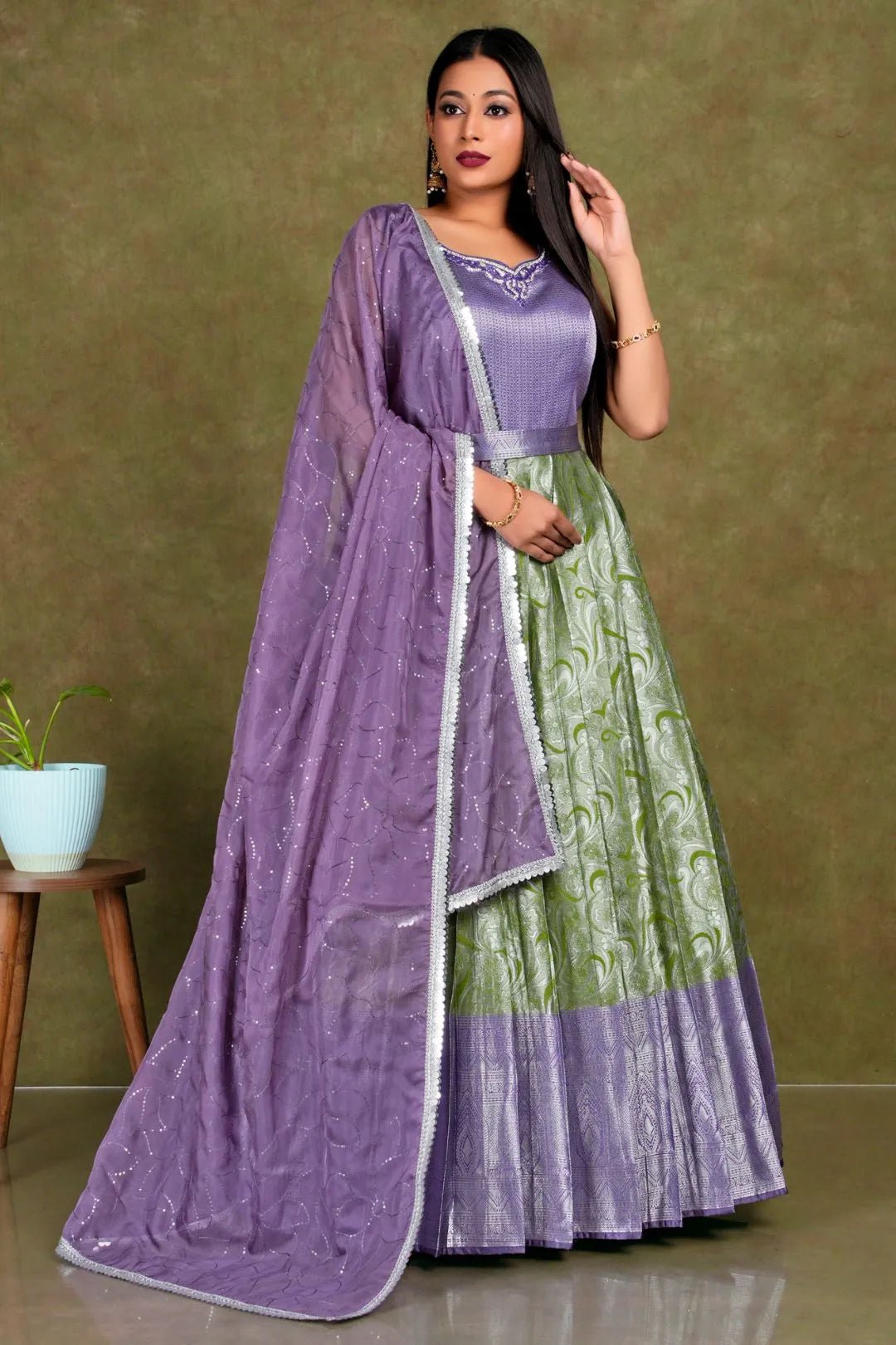 Mehendi Banarasi Long Gown With Dupatta - Gajiwala