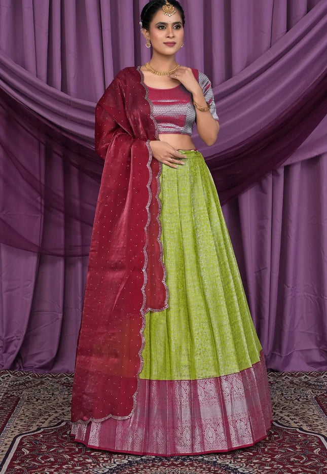 Mehendi Banarasi Silk Latest Lehenga Choli With Zari Work - Gajiwala