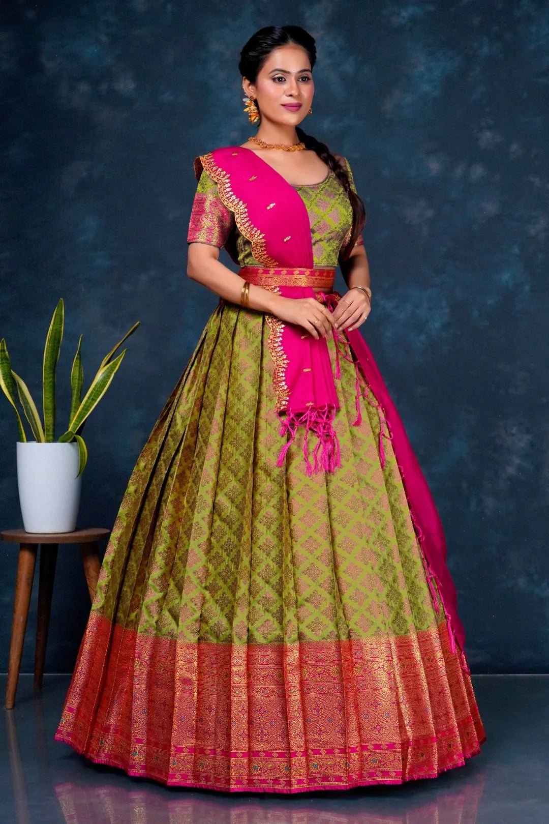 Mehendi Banarasi Silk Lehenga Choli For Women - Gajiwala