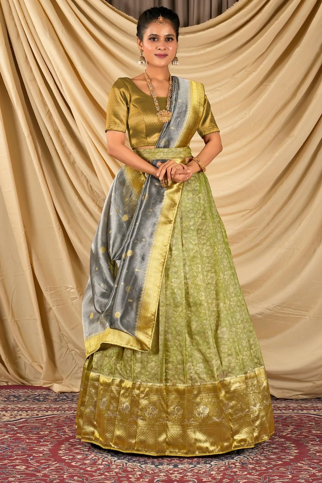 Mehendi Self Jacquard Silk Lehenga Choli With Zari Woven - Gajiwala