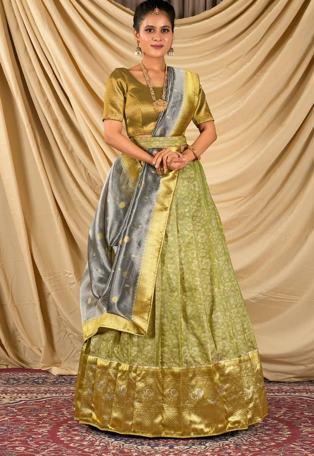 Mehendi Self Jacquard Silk Lehenga Choli With Zari Woven - Gajiwala