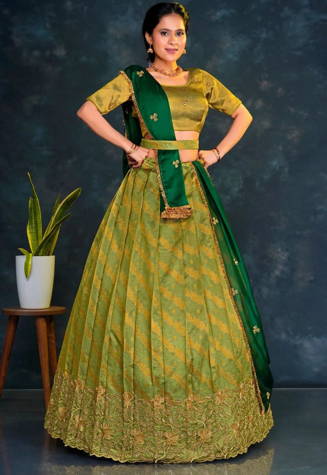 Mehendi Tissue Silk Lehenga Choli With Zari Woven - Gajiwala
