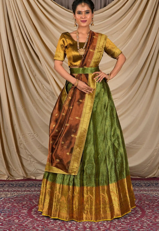 Mehendi Tissue Silk Pattu Lehenga Choli For Women - Gajiwala