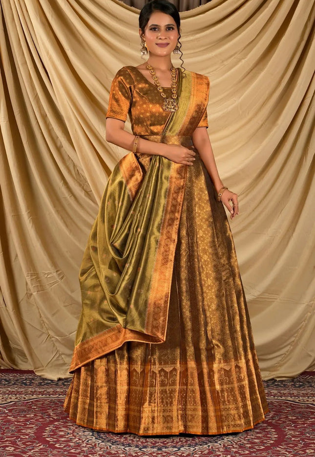Mustard Pure Two Tone Zari Tissue Lehenga Choli For Women - Gajiwala