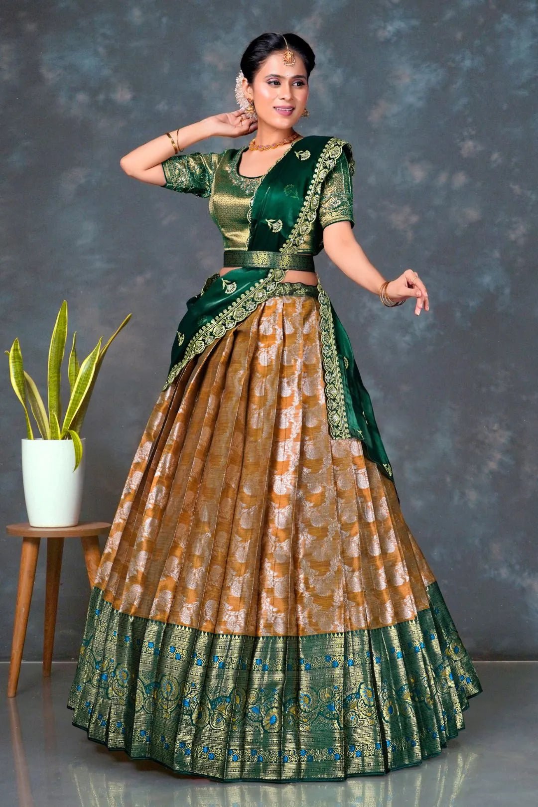 Musterd Color Banarasi Lehenga With Green Dupatta - Gajiwala