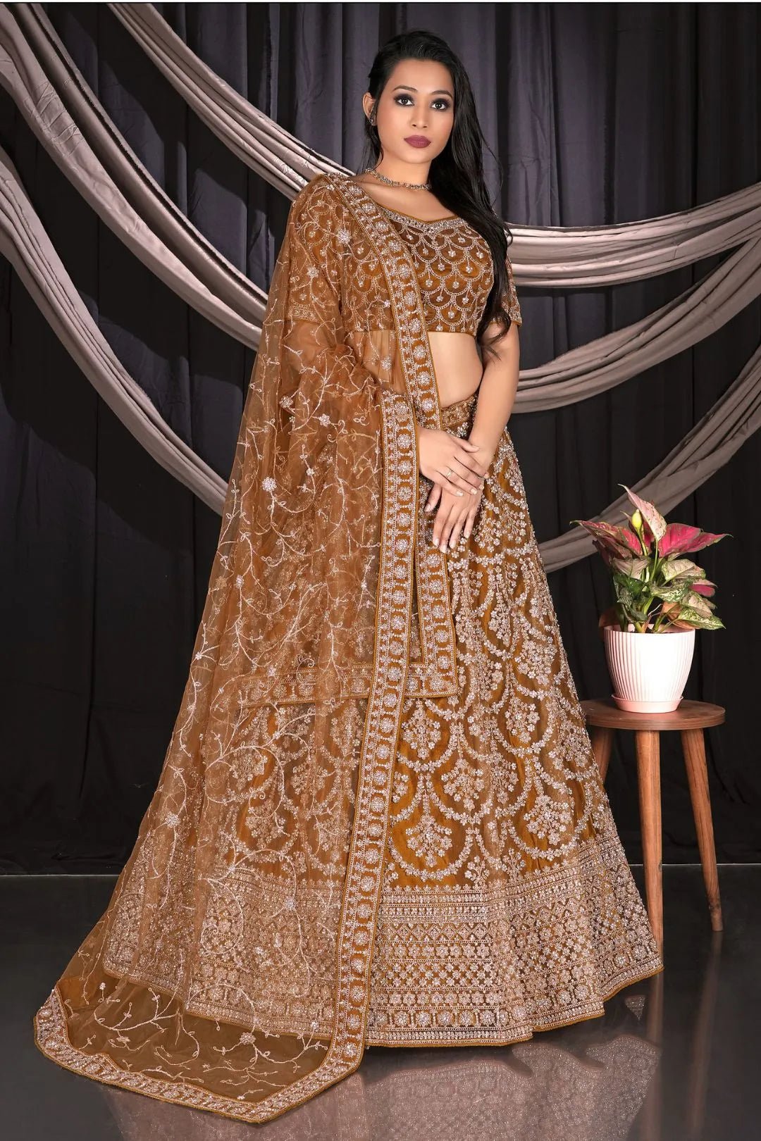 Musterd Net Semi Stitch Embroidered Lehenga Choli For Women - Gajiwala