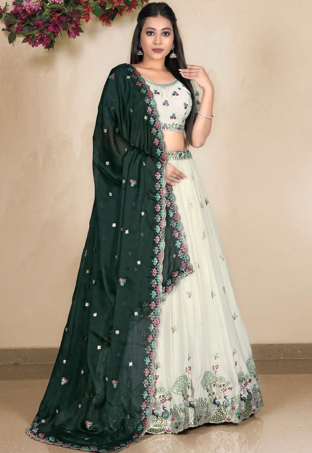 Off White Embroidered Lehenga Choli In Satin Chiffon Fabric - Gajiwala