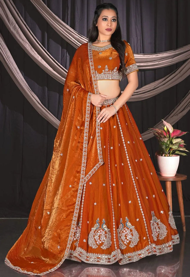 Orange Banarasi Lehenga For Wedding Function - Gajiwala