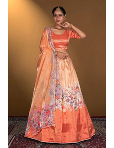 Orange Digital Printed Satin Lehenga With Chinnon Dupatta - Gajiwala