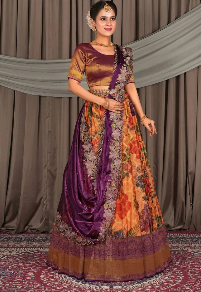 Orange Viscose Digital Print Lehenga Choli For Women - Gajiwala