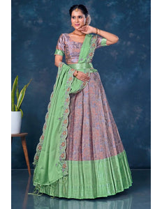 Peach Banarasi Lehenga Choli With Pista Dupatta - Gajiwala