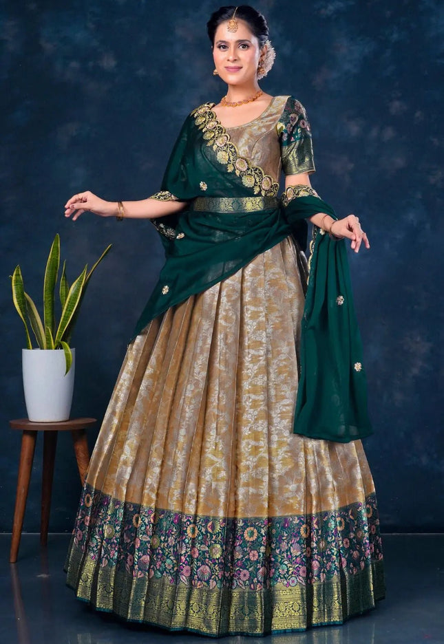 Peach Banarasi Silk Pattu Half Saree With Zari Work - Gajiwala