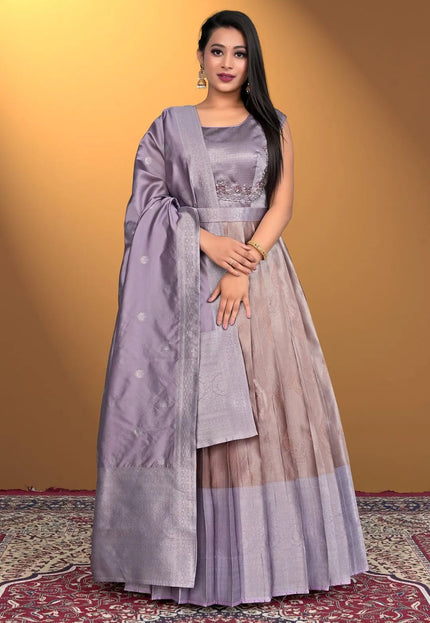 Peach Designer Banarasi Gown With Dupatta - Gajiwala