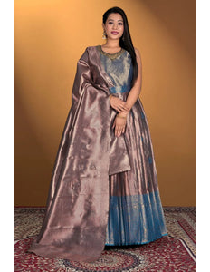 Peach Long Gown Banarasi Silk Zari Weaving - Gajiwala