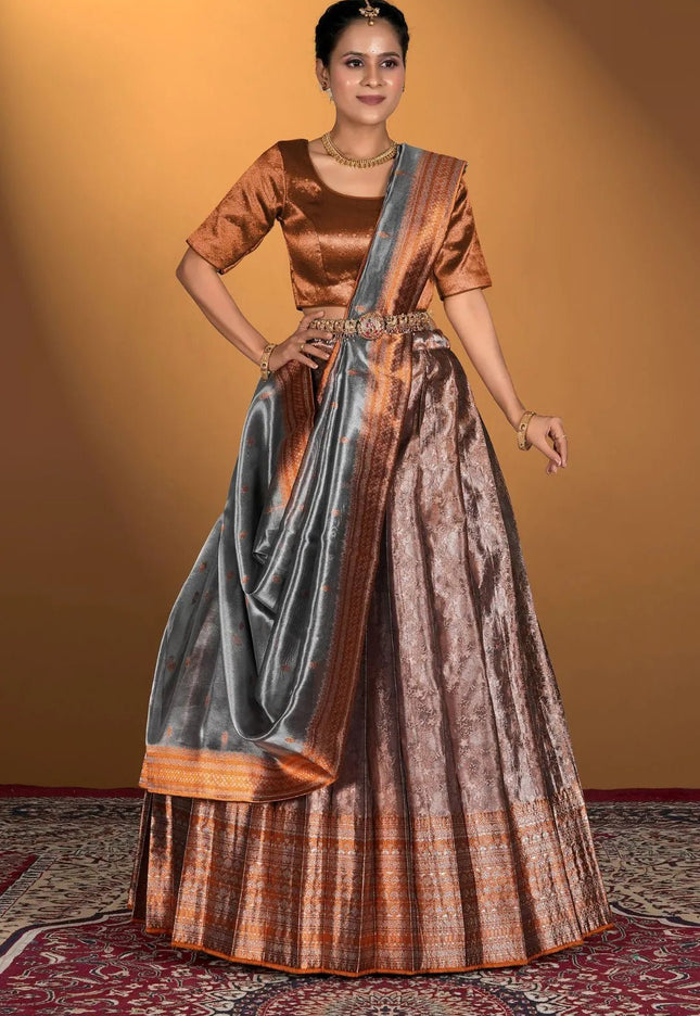Peach Pure Two Tone Zari Tissue Lehenga Choli - Gajiwala