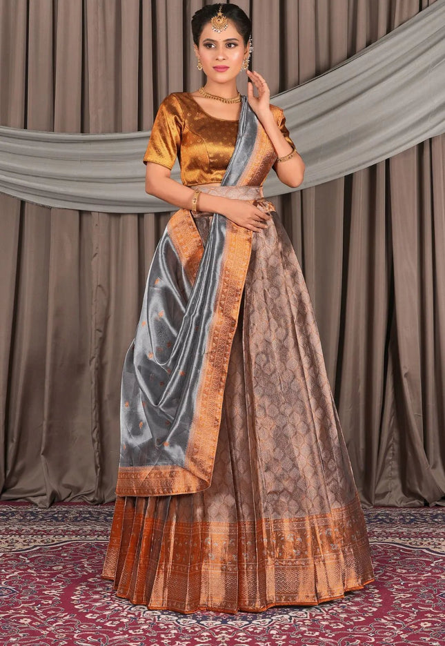 Peach Pure Two Tone Zari Tissue Pattu Half Saree For Women - Gajiwala