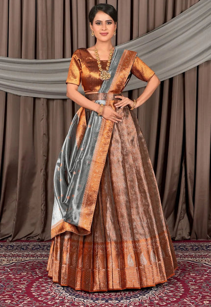 Peach Pure Two Tone Zari Tissue Pattu Half Saree For Women - Gajiwala