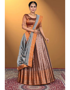 Peach Pure Two Zari Tissue Half Saree For Women - Gajiwala