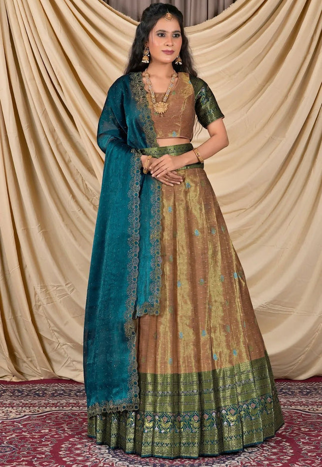 Peach Zari Silk Lehenga Choli With Zari Woven - Gajiwala