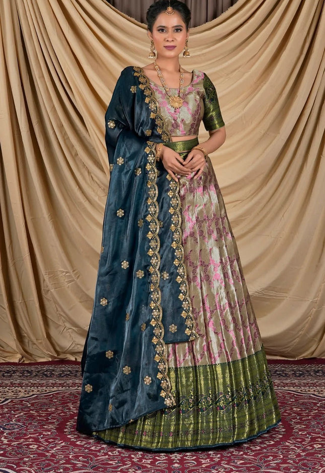 Peach Zari Silk Pattu Lehenga Choli With Zari Woven - Gajiwala
