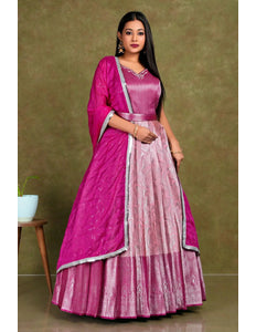 Pink Banarasi Long Gown With Dupatta - Gajiwala